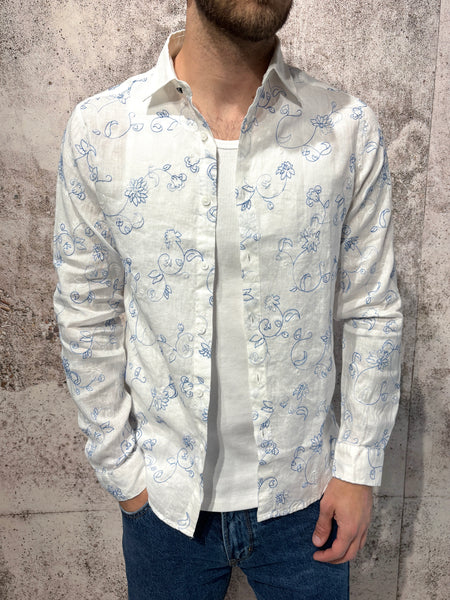 Blue floral print white linen shirt