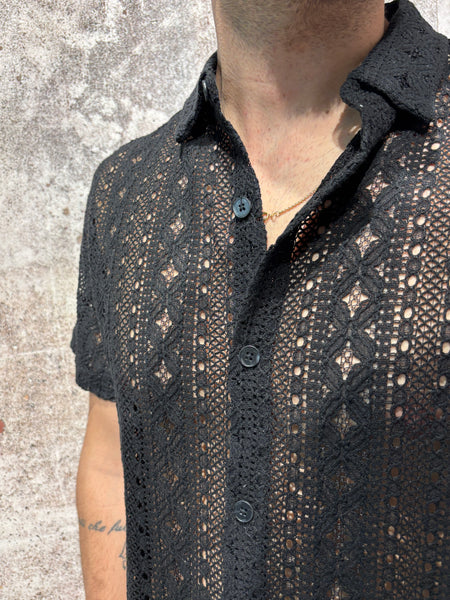 Camicia m/m traforata nera fantasia