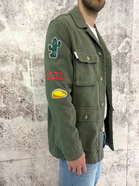 Giacca sahariana militare con patch e stampa retro