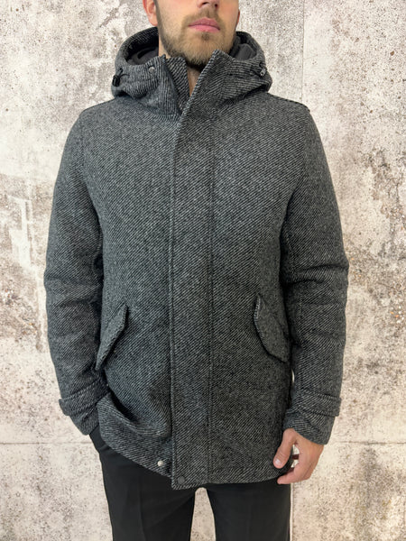 Cappotto spigato grigio/nero cappuccio e piumino interno