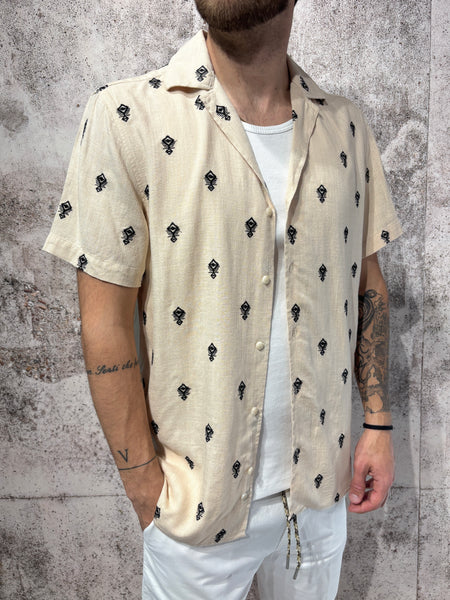 Camicia m/m beige ricamo nero