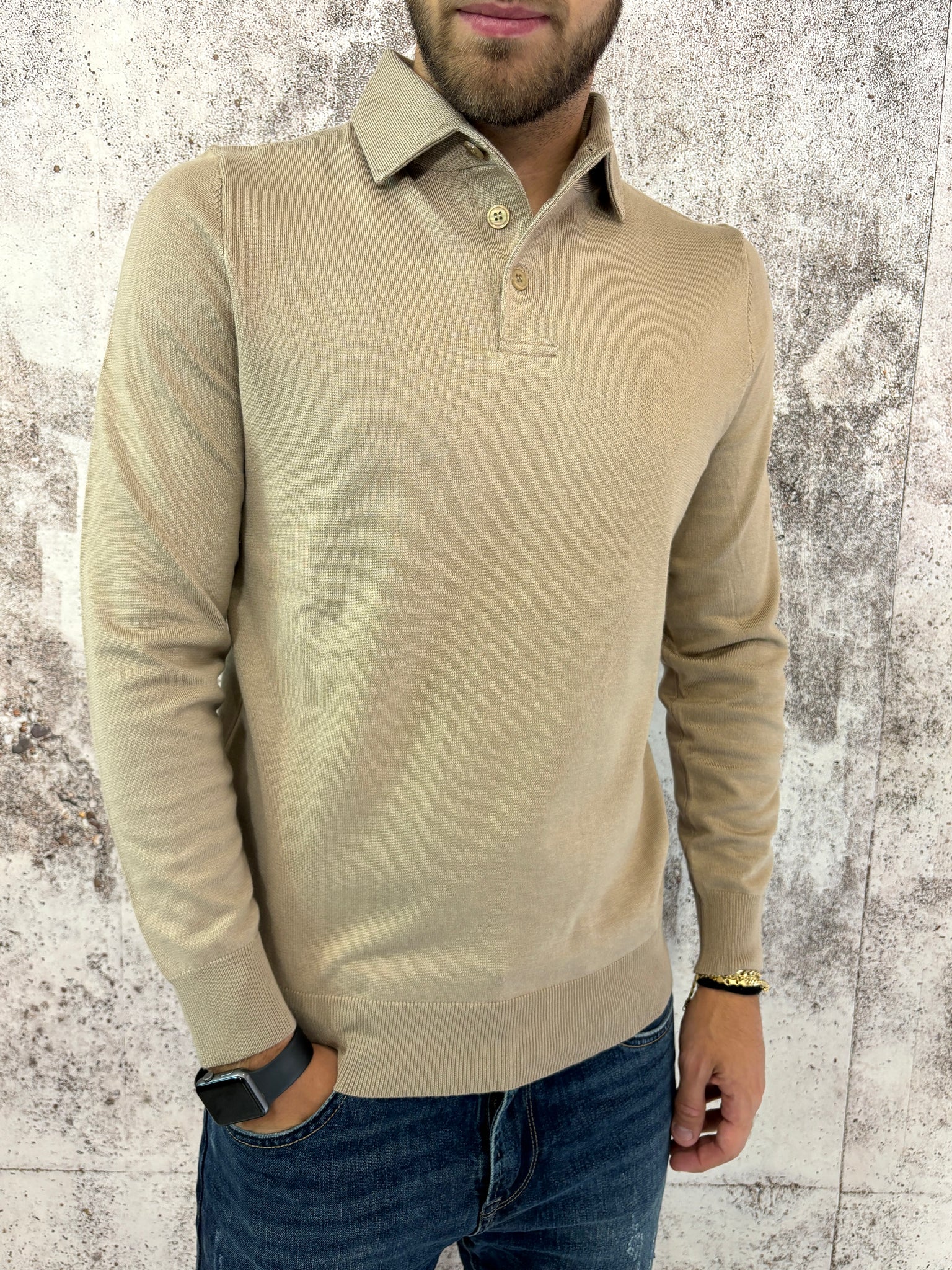 Polo in maglia beige manica lunga