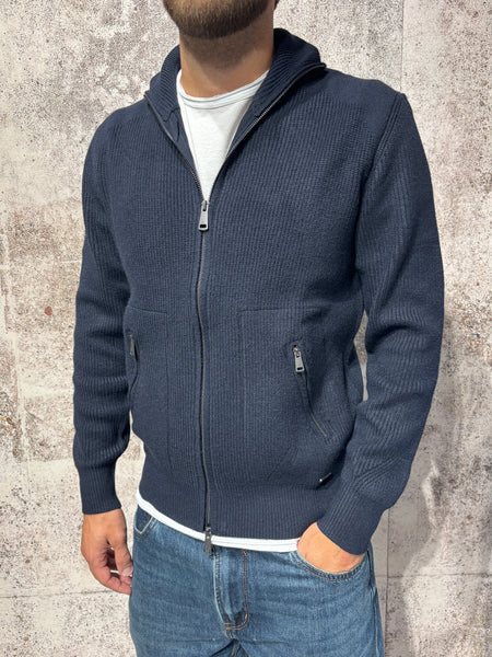 Maglione costine full zip blu