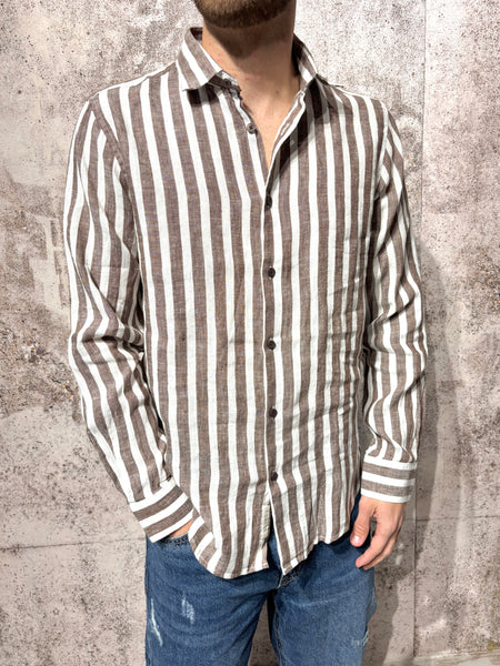 Brown striped linen blend shirt