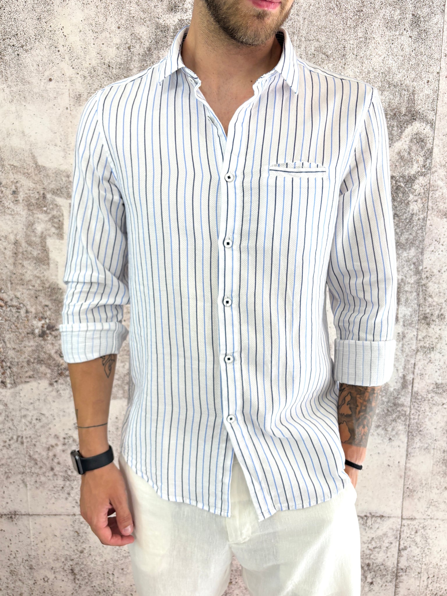 Camicia bianca cotone righe blu e azzurre