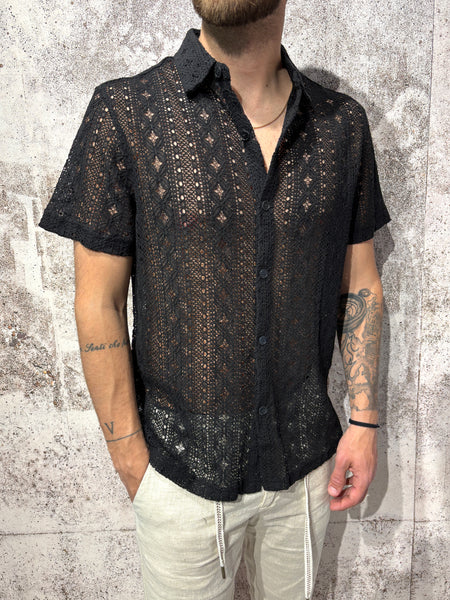 Camicia m/m traforata nera fantasia