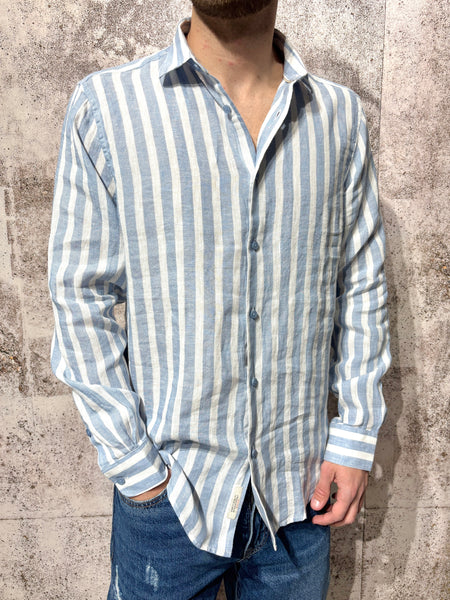 Camicia misto lino righe azzurre