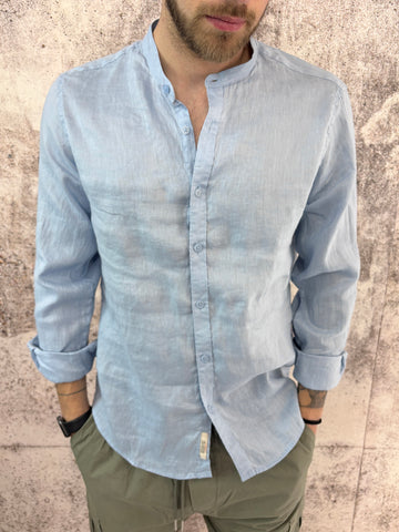 Camicia coreana lino azzurra