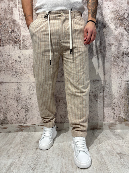 Striped beige linen blend trousers