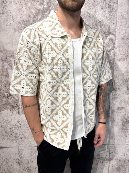 Camicia m/m in maglia lavorata beige e panna