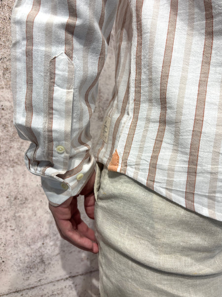Korean collar linen blend shirt, beige/cocoa stripes