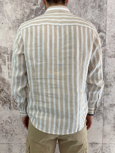 Camicia lino colletto francese righe beige