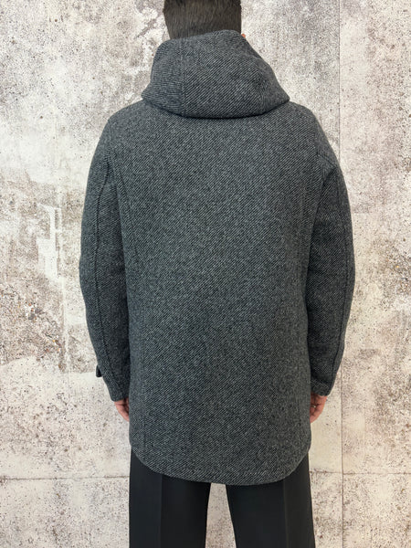 Cappotto spigato grigio/nero cappuccio e piumino interno