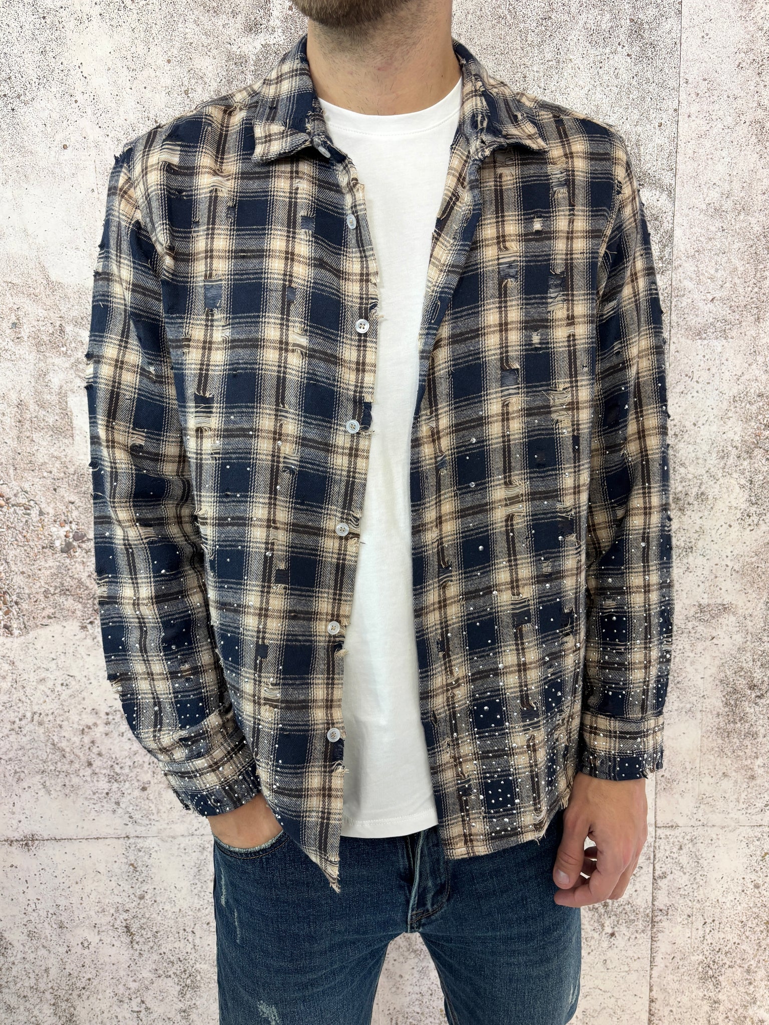 Camicia scozzese con rotture e brillantini