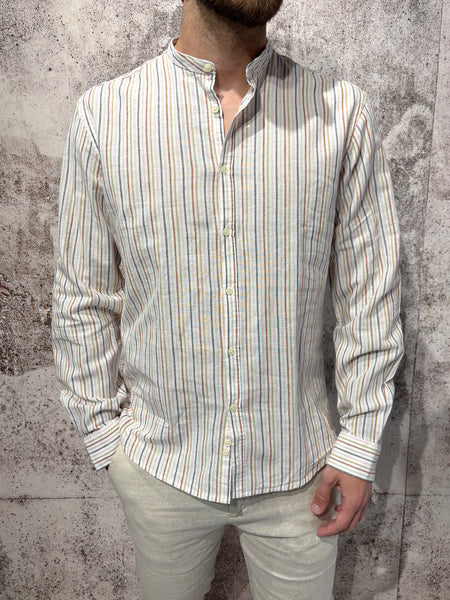 Camicia coreana misto Lino righe multicolor