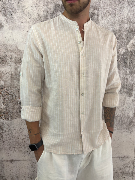 Camicia beige misto lino rigata