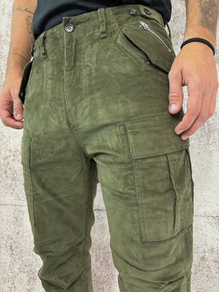 Pantalone velluto cargo verde militare