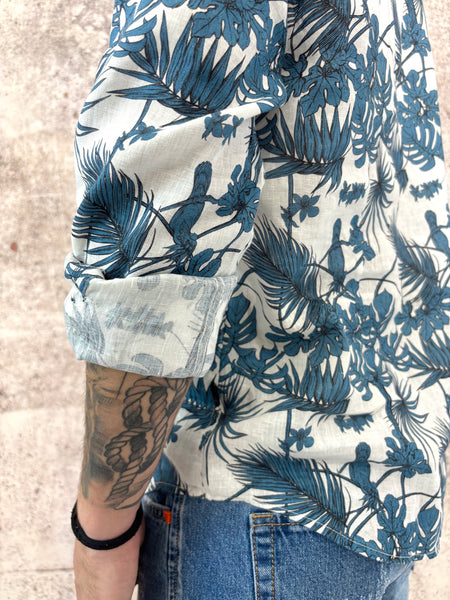 Camicia misto lino fantasia blu