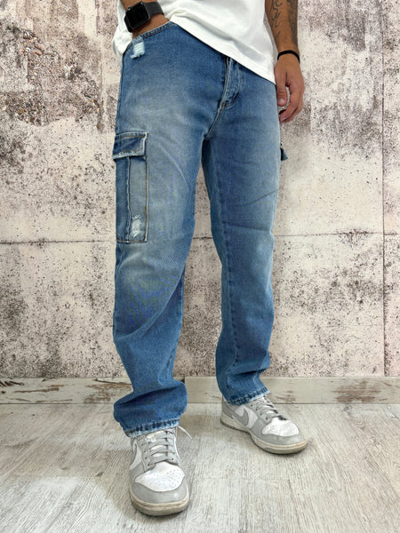 Jeans cargo lavaggio medio con rotture