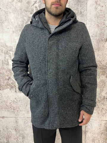 Cappotto spigato grigio/nero cappuccio e piumino interno