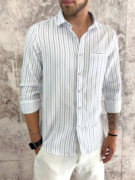 Camicia bianca cotone righe blu e azzurre