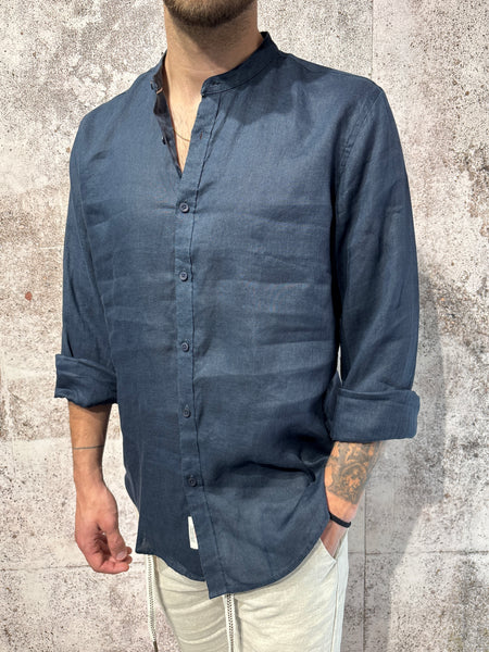 Camicia lino blu coreana