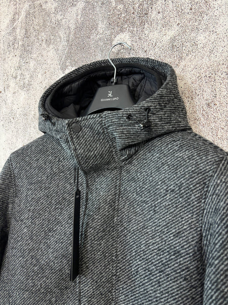 Cappotto spigato grigio/nero cappuccio e piumino interno