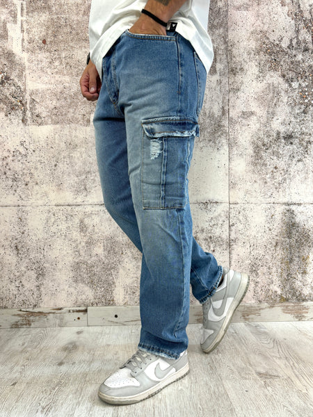 Jeans cargo lavaggio medio con rotture