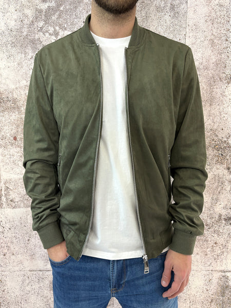 Giubbino bomber scamosciato verde militare
