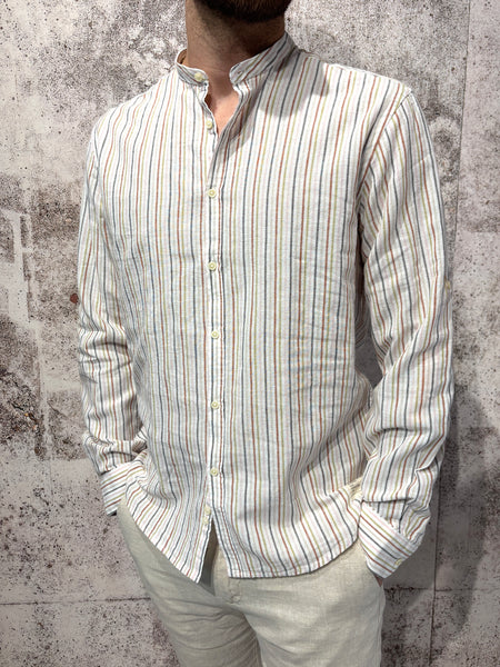 Camicia coreana misto Lino righe multicolor