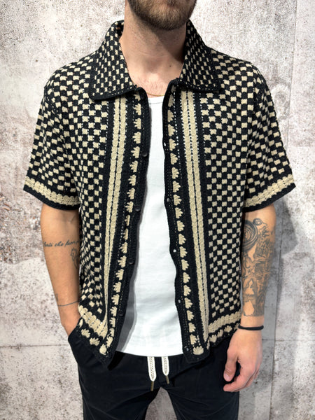 Camicia m/m in maglia lavorata nera e beige