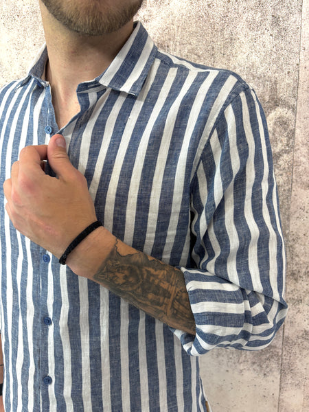 Camicia lino colletto francese righe blu